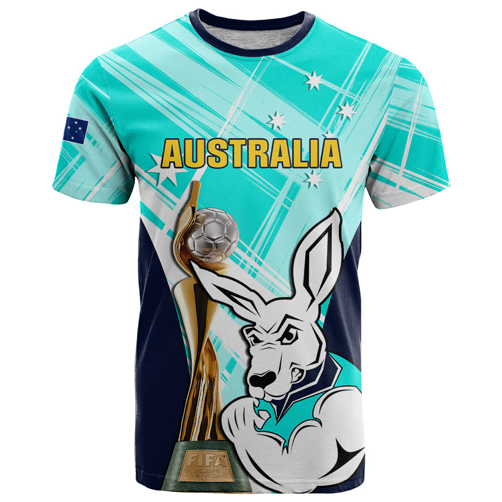 Australia Soccer T-Shirt Matildas Kangaroo With World Cup Trophy Turquoise Version Graphic Tee