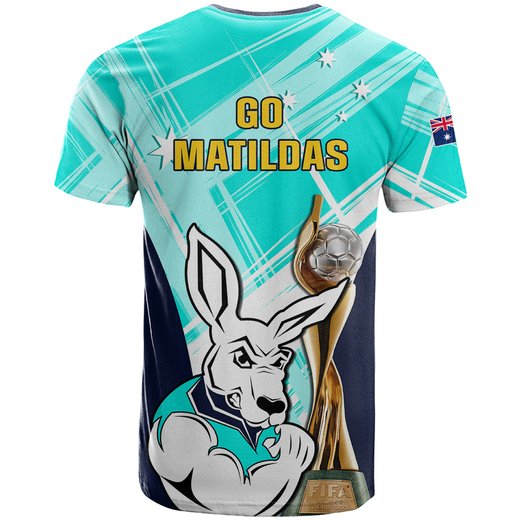 Australia Soccer T-Shirt Matildas Kangaroo With World Cup Trophy Turquoise Version Graphic Tee
