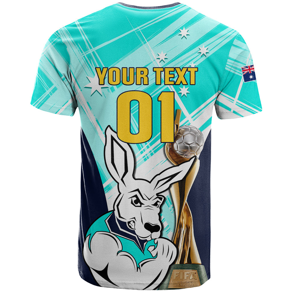 Custom Australia Soccer T-Shirt Matildas Kangaroo With World Cup Trophy Turquoise Version Graphic Tee