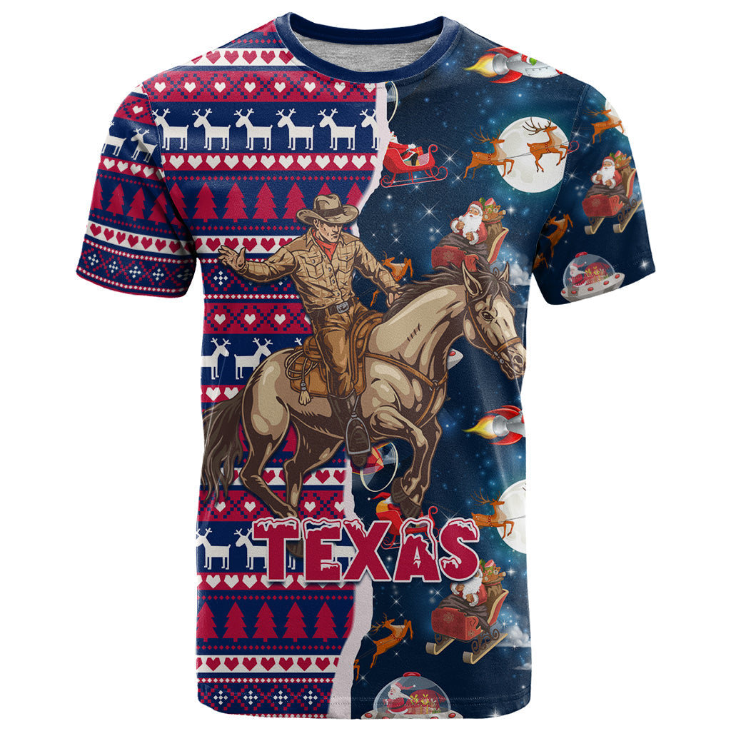 Custom Texas Christmas T-Shirt Cowboy With Santa Claus In Space Graphic Tee