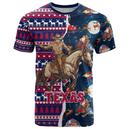 Custom Texas Christmas T-Shirt Cowboy With Santa Claus In Space Graphic Tee