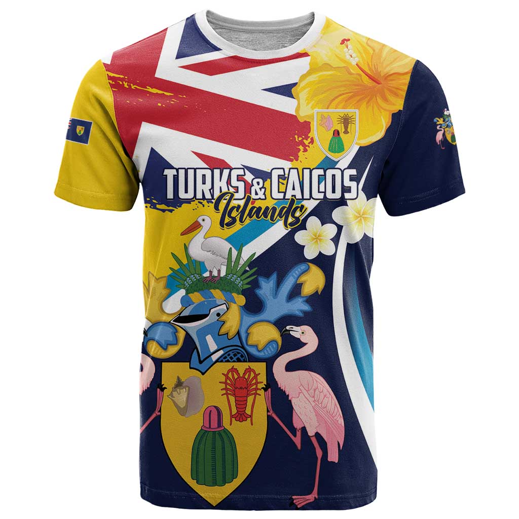 Personalised Turks and Caicos Islands T-Shirt Coat Of Arms Tropical Flowers Graphic Tee