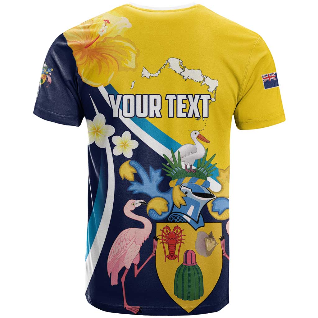 Personalised Turks and Caicos Islands T-Shirt Coat Of Arms Tropical Flowers Graphic Tee