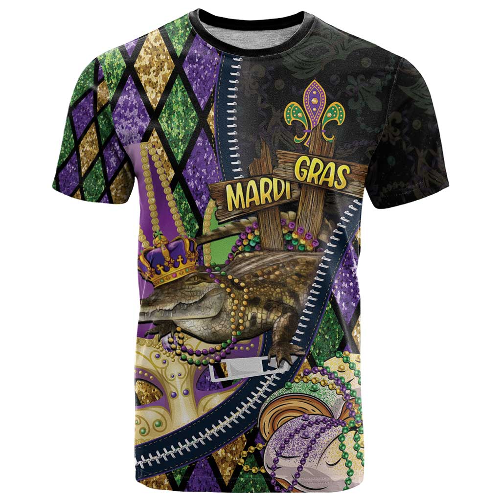Personalized Mardi Gras Alligator T-Shirt Colorful Zipper Stylized Graphic Tee