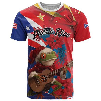 Personalized Puerto Rico Christmas T-Shirt Coqui Frog Playing Guitar Graphic Tee