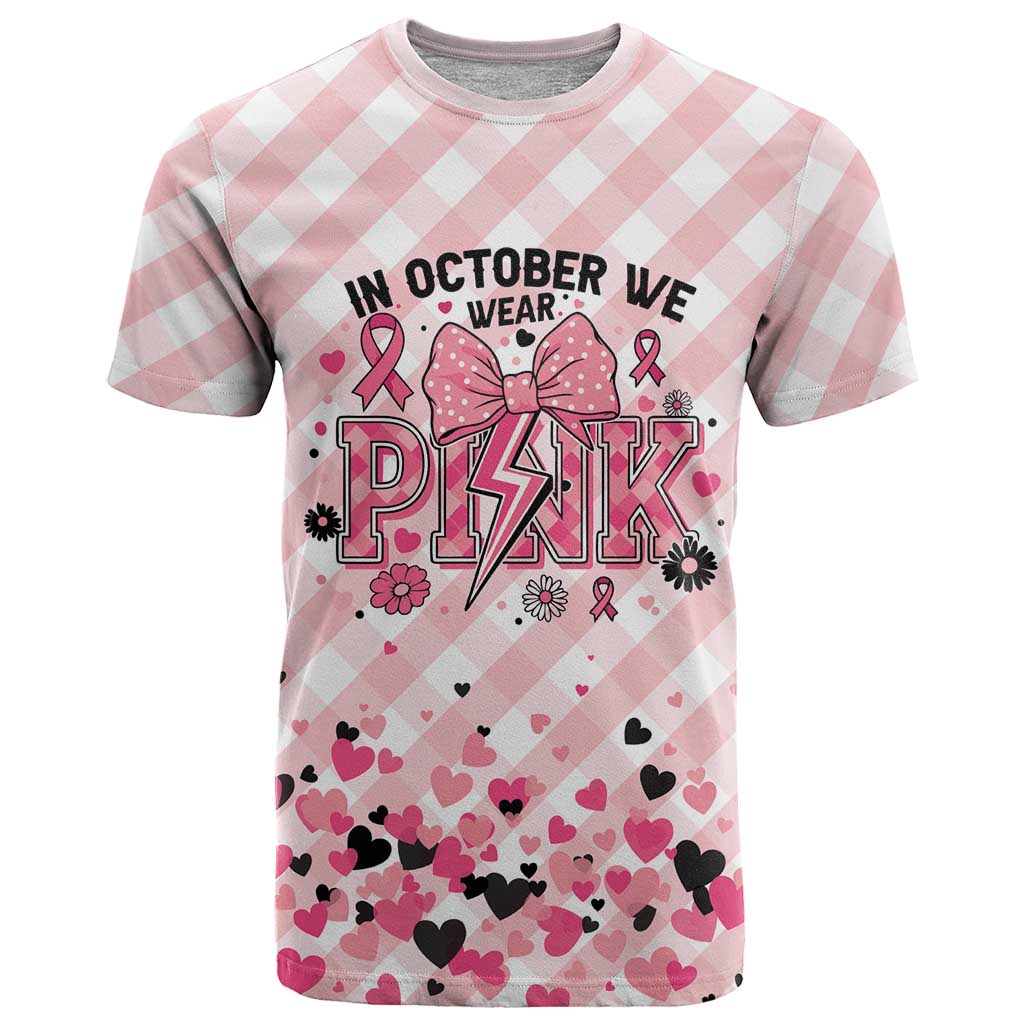 Personalized In October We Wear Pink T-Shirt Pink Pretty Bow Pastel Gingham Graphic Tee