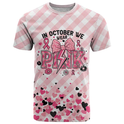 Personalized In October We Wear Pink T-Shirt Pink Pretty Bow Pastel Gingham Graphic Tee