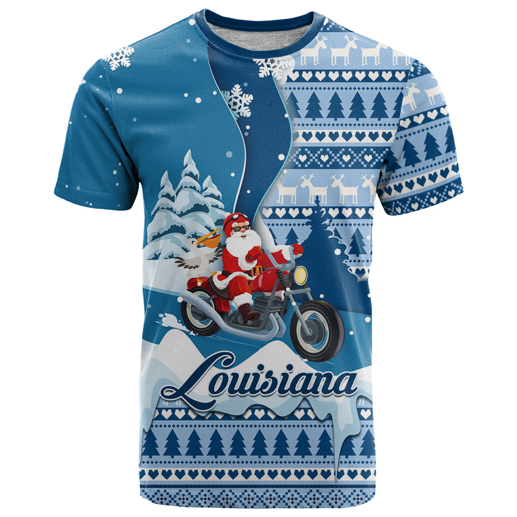Custom Louisiana Christmas T-Shirt Santa Claus Riding Motorcycle With Pelican Graphic Tee