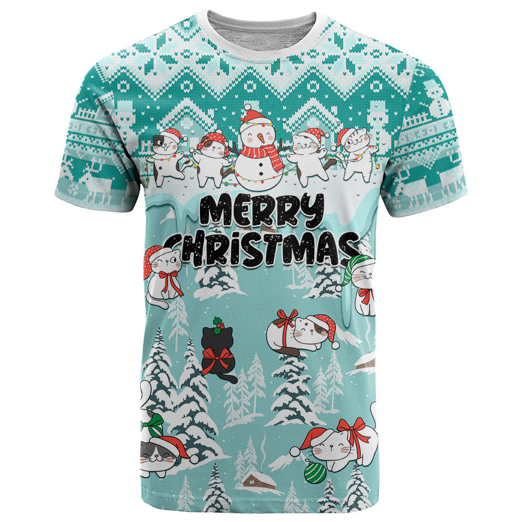 Custom Cat Christmas T-Shirt Cat With Snowman In Winter Scene Graphic Tee