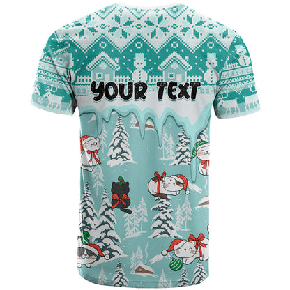 Custom Cat Christmas T-Shirt Cat With Snowman In Winter Scene Graphic Tee