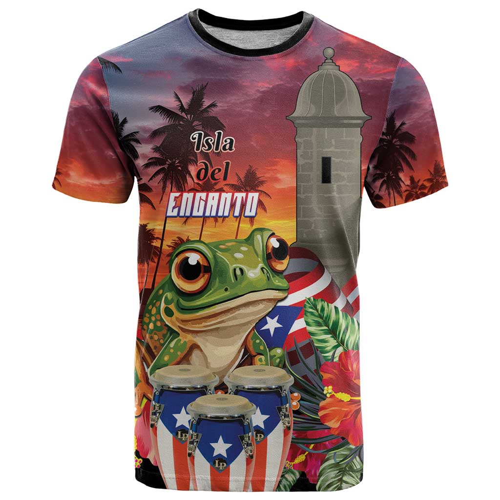 Puerto Rico Coqui Frog Sunset T-Shirt Isla Del Encanto Tropical Vibe Graphic Tee