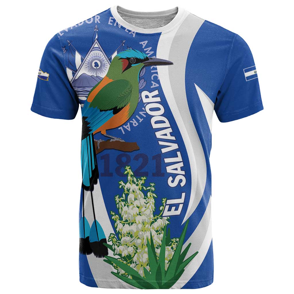 El Salvador Independence Day T-Shirt Flor De Izote With Turquoise Browed Motmot Graphic Tee