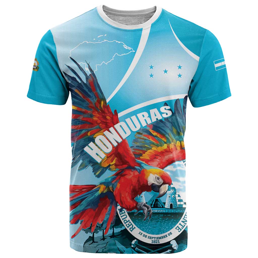 Honduras Independence Day T-Shirt Scarlet Macaw Sky Blue Graphic Tee