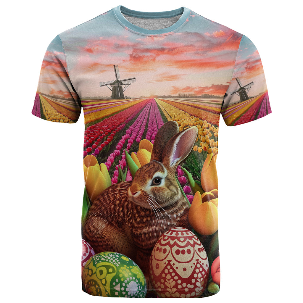 Netherlands Easter 2024 T-Shirt Bunny With Tulips Flowers Field Graphic Tee