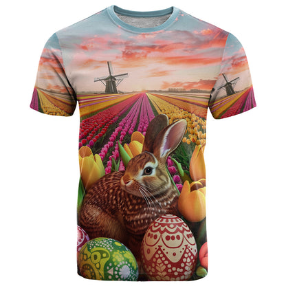 Netherlands Easter 2024 T-Shirt Bunny With Tulips Flowers Field Graphic Tee