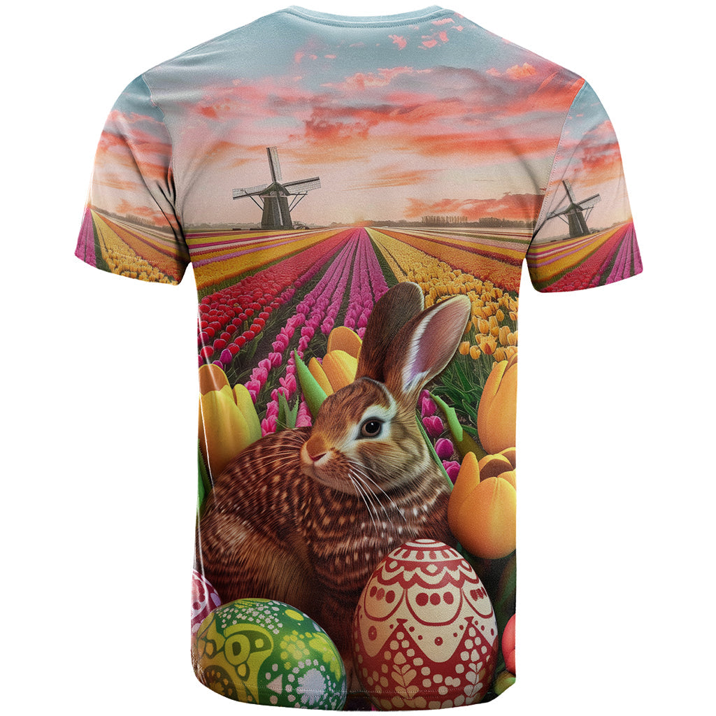 Netherlands Easter 2024 T-Shirt Bunny With Tulips Flowers Field Graphic Tee