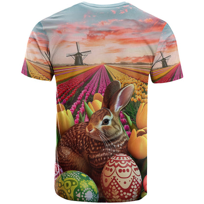 Netherlands Easter 2024 T-Shirt Bunny With Tulips Flowers Field Graphic Tee