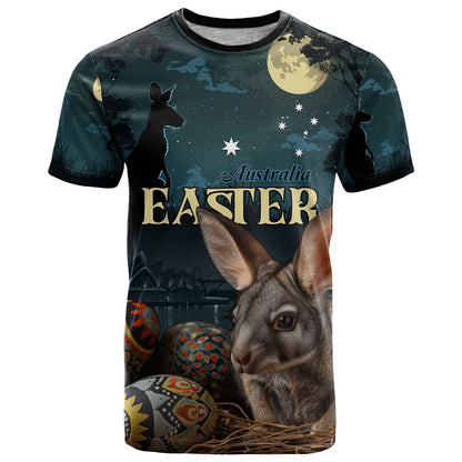 Australia Easter 2024 T-Shirt Bunny With Aboriginal Eggs At Starry Night Graphic Tee