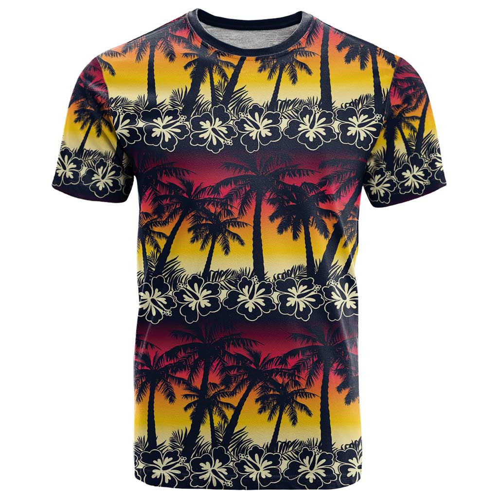 Hawaii Hibiscus Palm Tree Sunset T-Shirt Tropical Style Graphic Tee