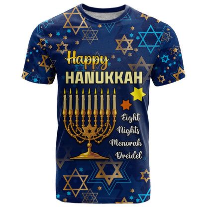 Personalised Hanukkah Festival T-Shirt Eight Nights Menorah Dreidel Graphic Tee