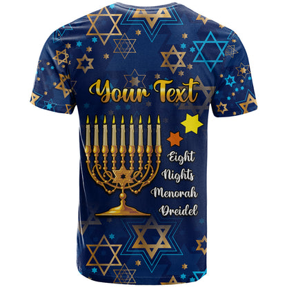 Personalised Hanukkah Festival T-Shirt Eight Nights Menorah Dreidel Graphic Tee
