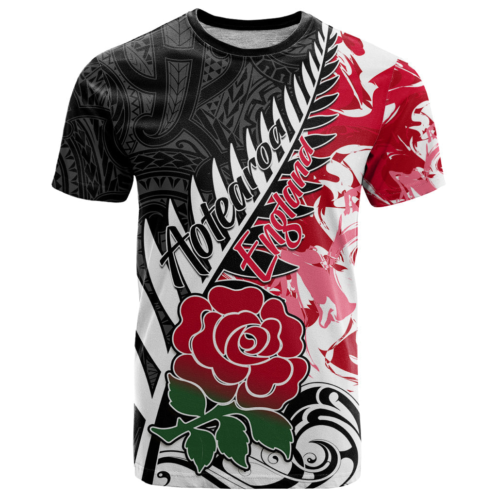 Custom New Zealand and England Rugby T-Shirt Silver Fern With Red Rose World Cup Graphic Tee
