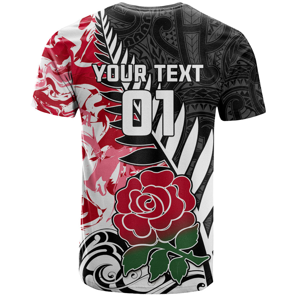 Custom New Zealand and England Rugby T-Shirt Silver Fern With Red Rose World Cup Graphic Tee