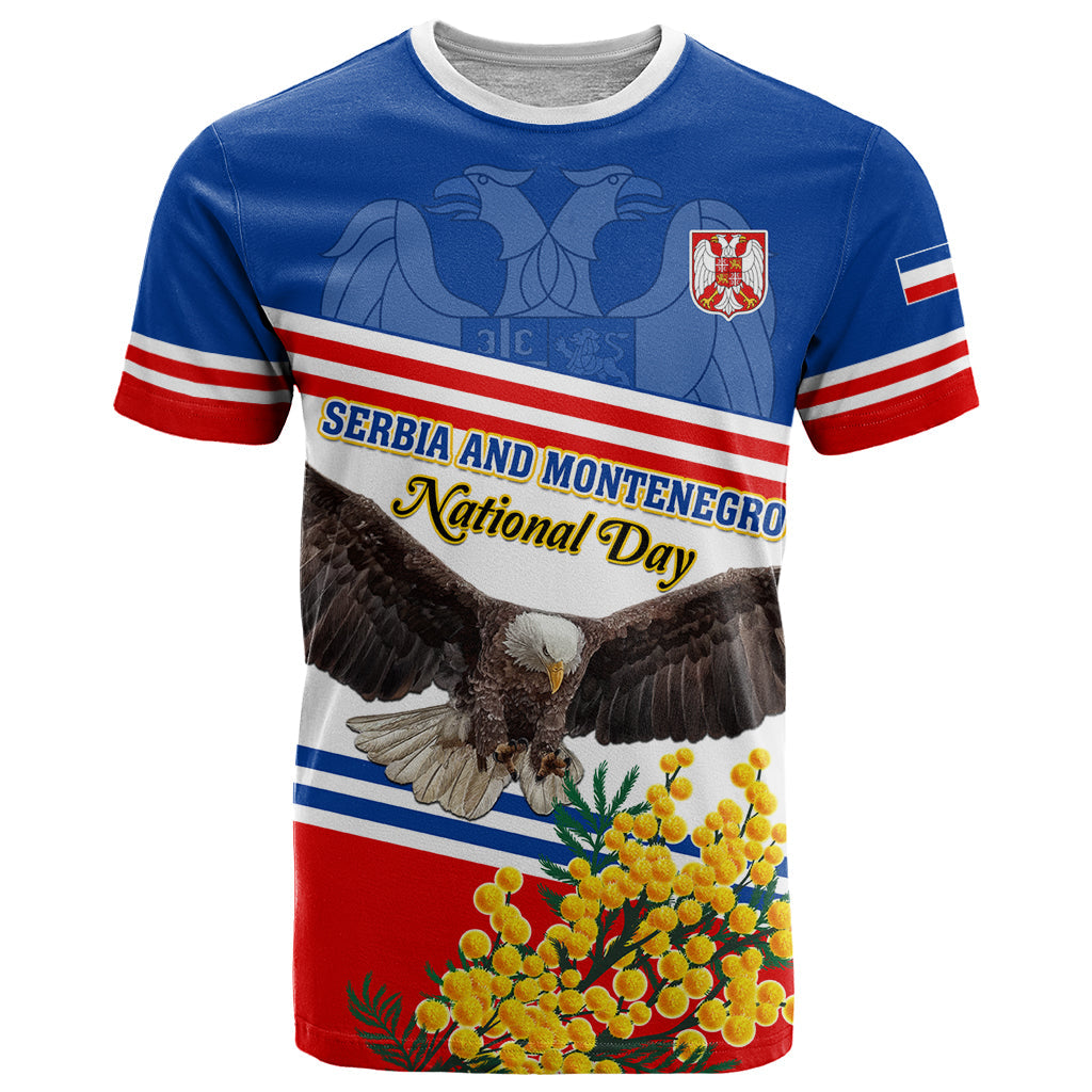 Serbia and Montenegro National Day T-Shirt Eagle With Mimosa Flower Graphic Tee