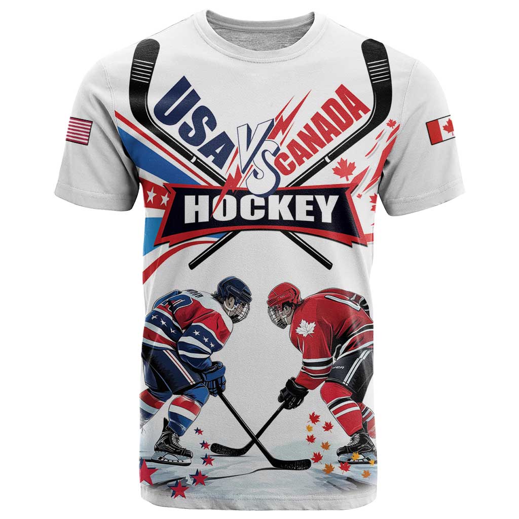 Custom USA vs Canada Ice Hockey Face Off T-Shirt Stars Maple Leaf Graphic Tee