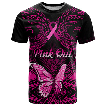 Personalised Pink Out T-Shirt Breast Cancer Awareness Polynesian Pattern Black Version Graphic Tee