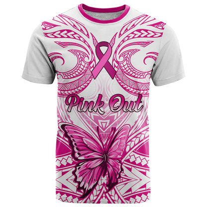 Personalised Pink Out T-Shirt Breast Cancer Awareness Polynesian Pattern White Version Graphic Tee