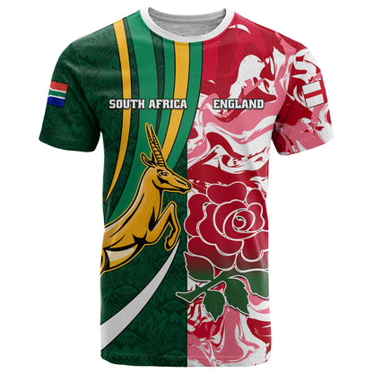 Custom South Africa and England Rugby T-Shirt The Red Rose Protea Pattern Graphic Tee