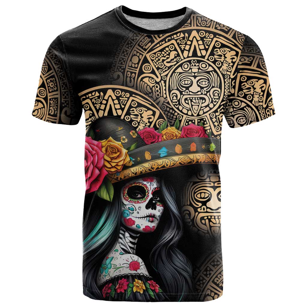 La Calavera Catrina Aztec Circle T-Shirt Dia de Muertos Graphic Tee