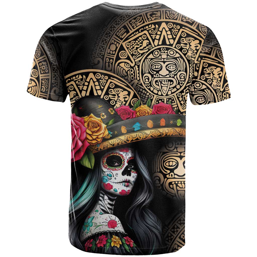 La Calavera Catrina Aztec Circle T-Shirt Dia de Muertos Graphic Tee