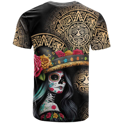 La Calavera Catrina Aztec Circle T-Shirt Dia de Muertos Graphic Tee