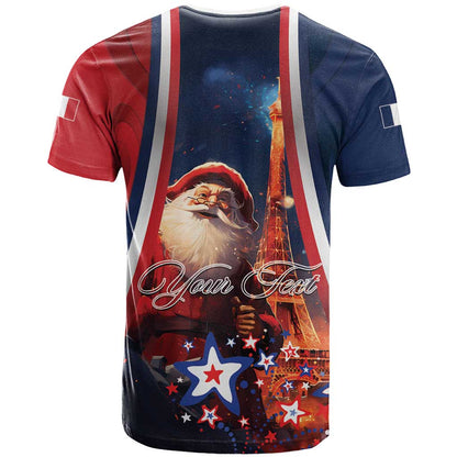 Personalised France Christmas T-Shirt Joyeux Noel Santa Claus Eiffel Tower Graphic Tee