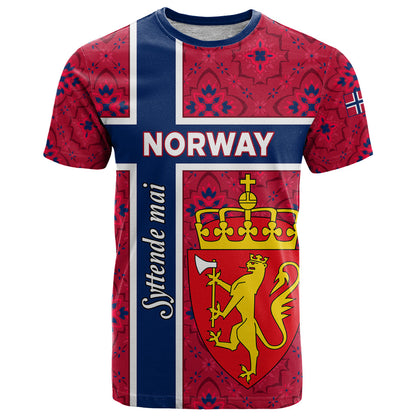 Norway Constitution Day T-Shirt Norge Folk Pattern Flag Style Graphic Tee