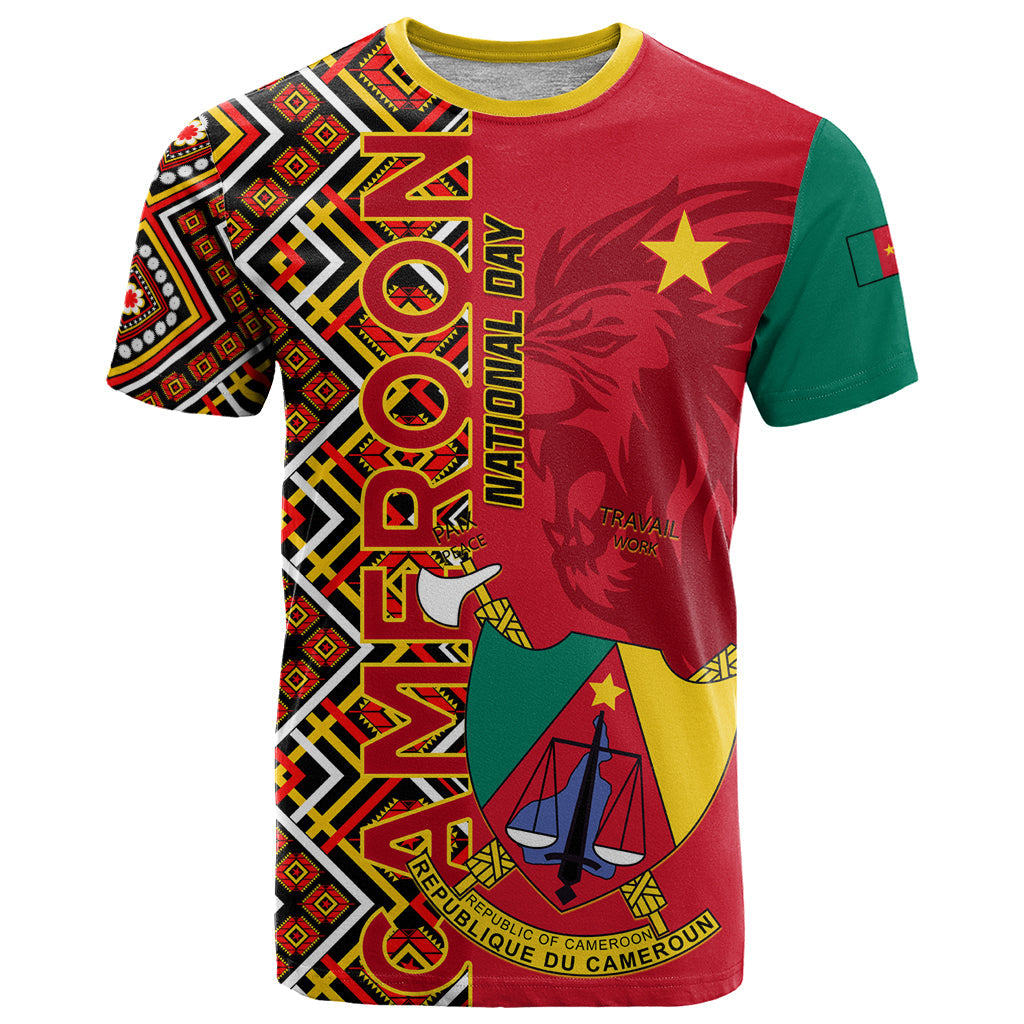 Cameroon National Day T-Shirt Cameroun Coat Of Arms Ankara Pattern Graphic Tee