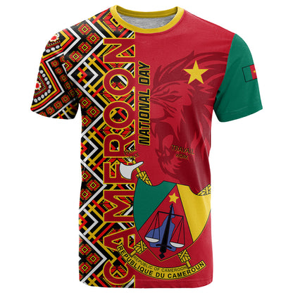 Cameroon National Day T-Shirt Cameroun Coat Of Arms Ankara Pattern Graphic Tee