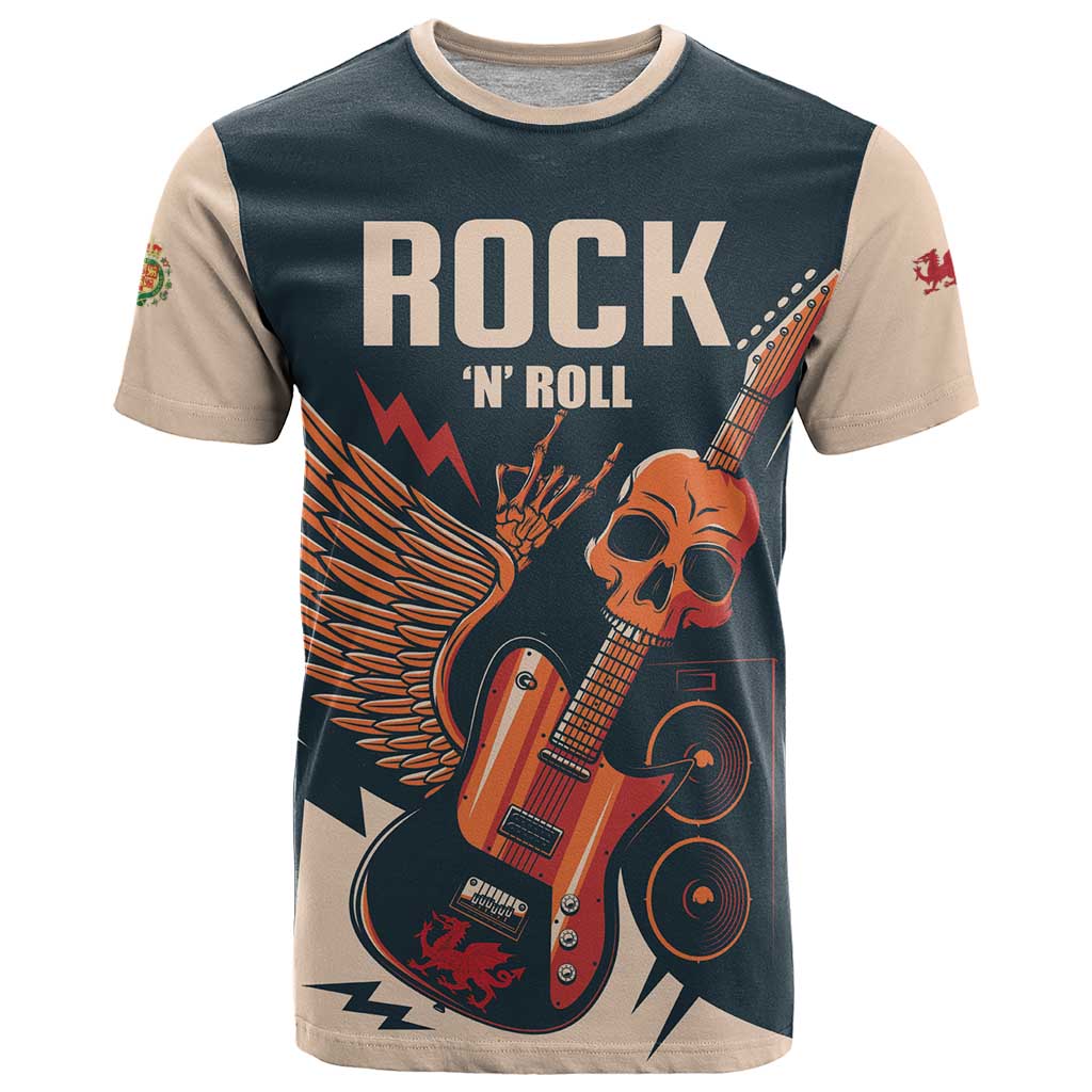 Rock and Roll Skull Guitar T-Shirt Welsh Dragon Graphic Tee