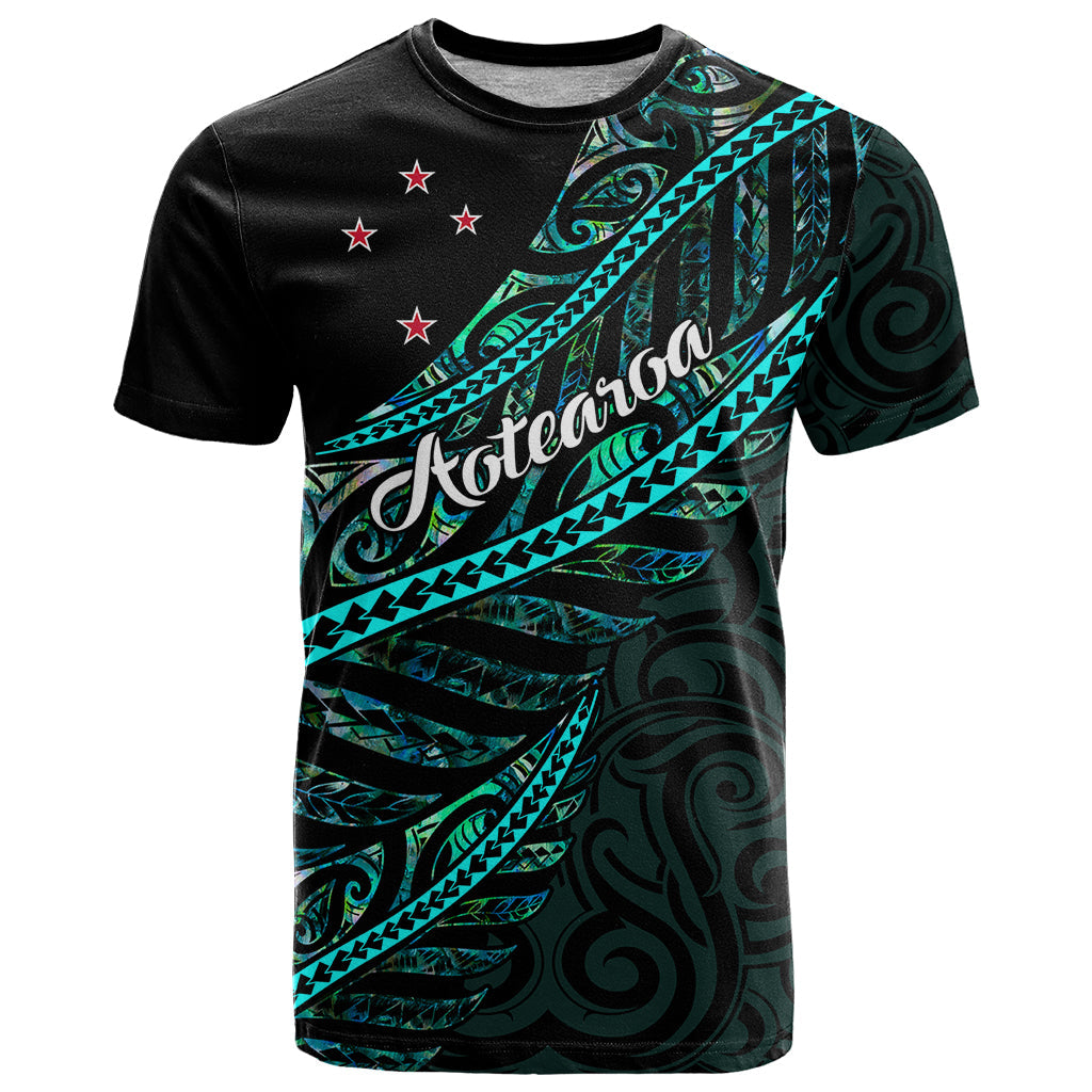 Personalised Aotearoa T-Shirt Silver Fern Mix Paua Shell Polynesian Pattern Graphic Tee