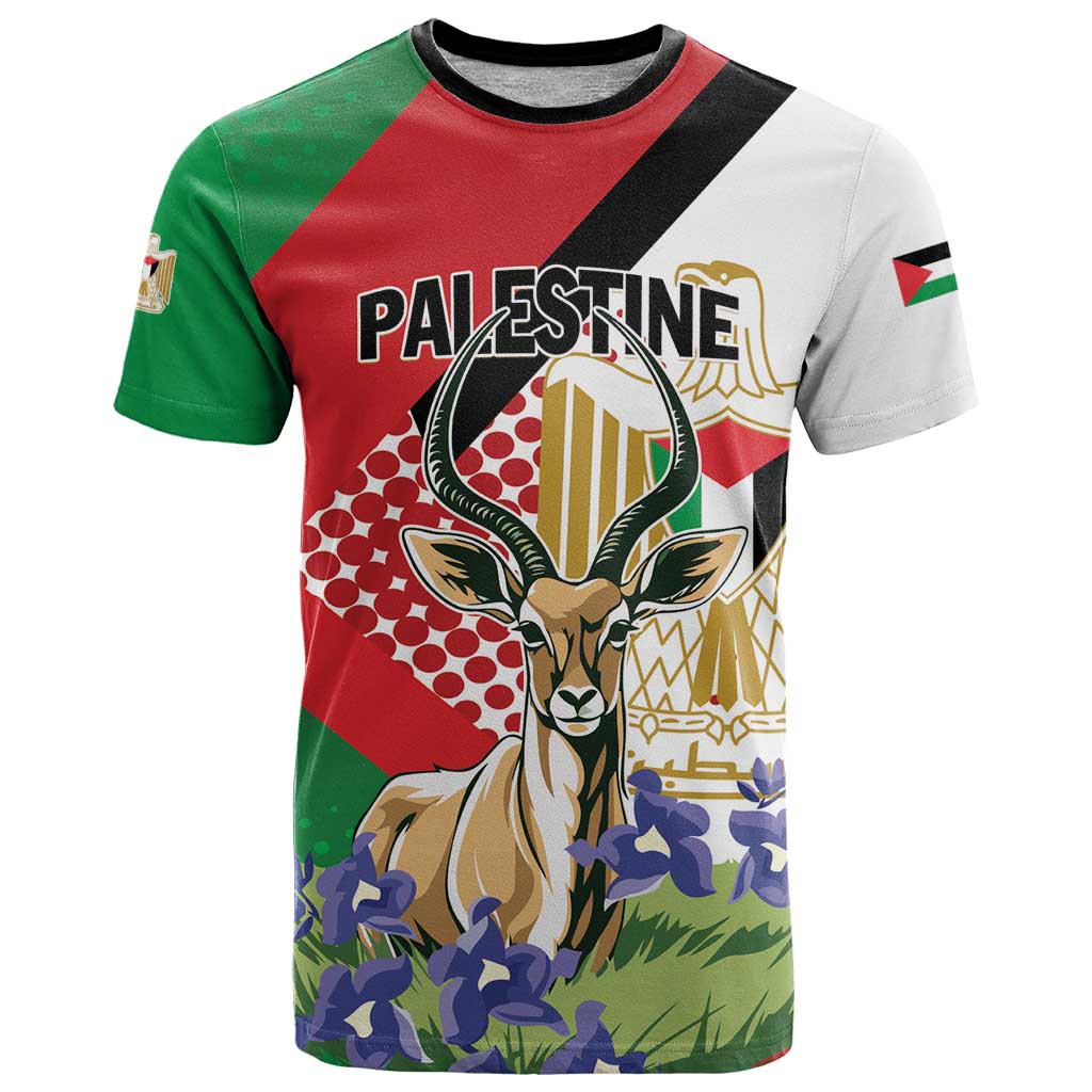 Personalized Palestine T-Shirt Mountain Gazelle With Faqqua Iris Graphic Tee