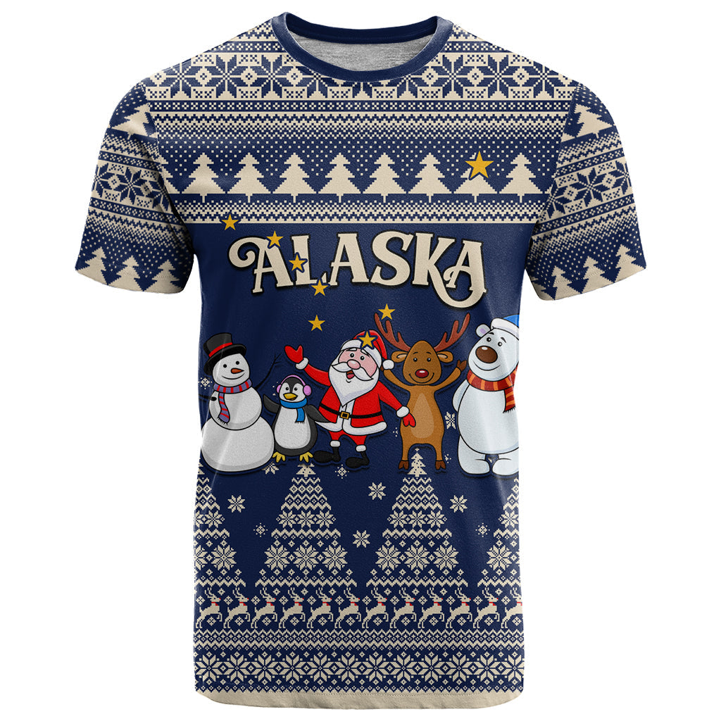 Custom Alaska Christmas T-Shirt Santa Claus With Snowman Reindeer Penguin Graphic Tee