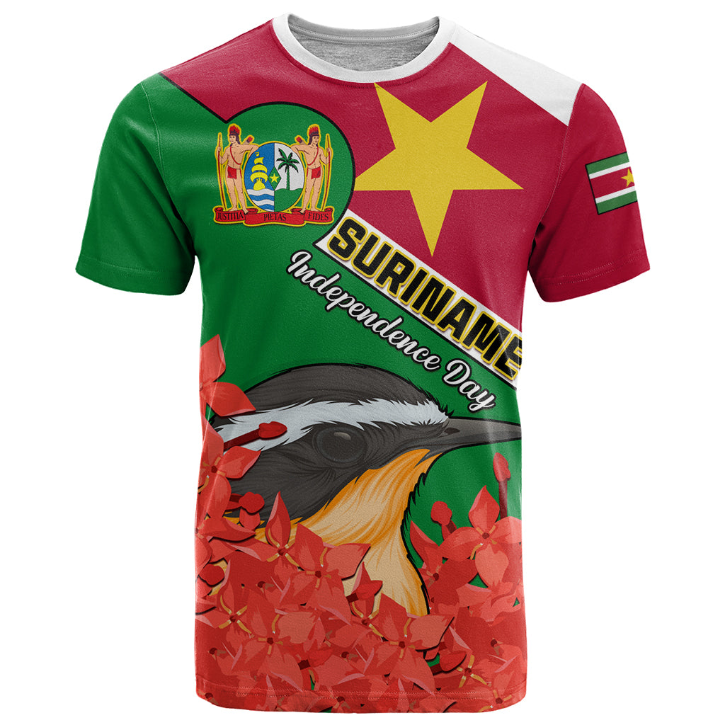 Personalised Suriname Independence Day T-Shirt Lesser Kiskadee With Scarlet Jungle Flame Flower Graphic Tee