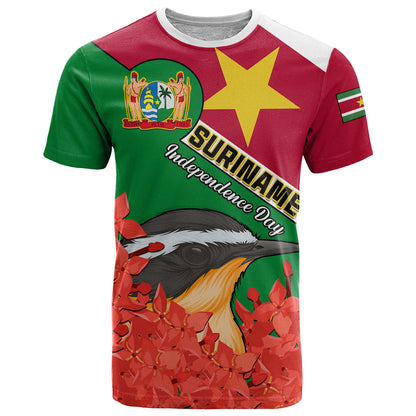 Personalised Suriname Independence Day T-Shirt Lesser Kiskadee With Scarlet Jungle Flame Flower Graphic Tee