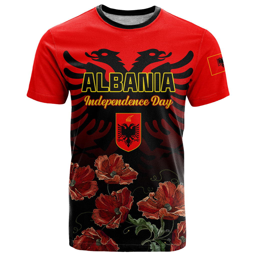 Personalised Albania Independence Day T-Shirt Albanian Coat Of Arms With Red Poppy Flower Graphic Tee