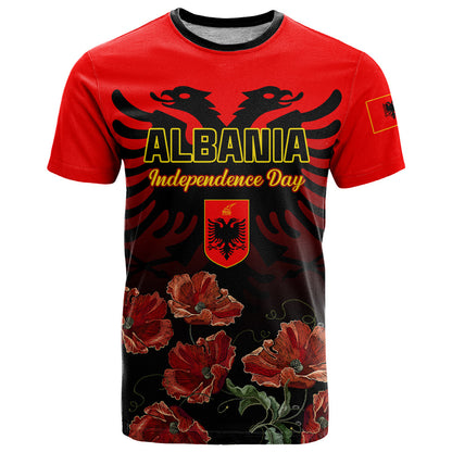 Personalised Albania Independence Day T-Shirt Albanian Coat Of Arms With Red Poppy Flower Graphic Tee
