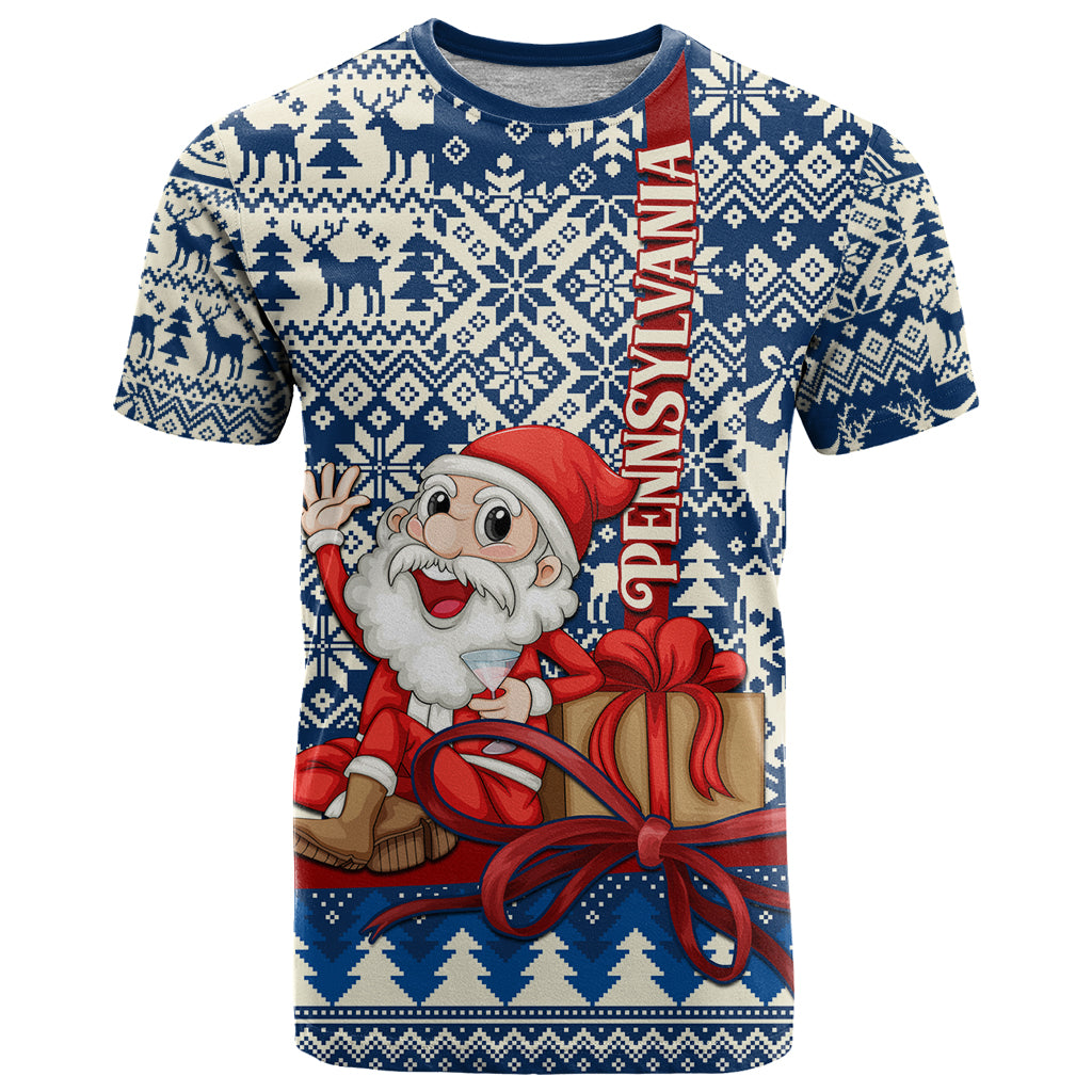 Pennsylvania Christmas T-Shirt Santa Claus With Gift Box Xmas Pattern Graphic Tee