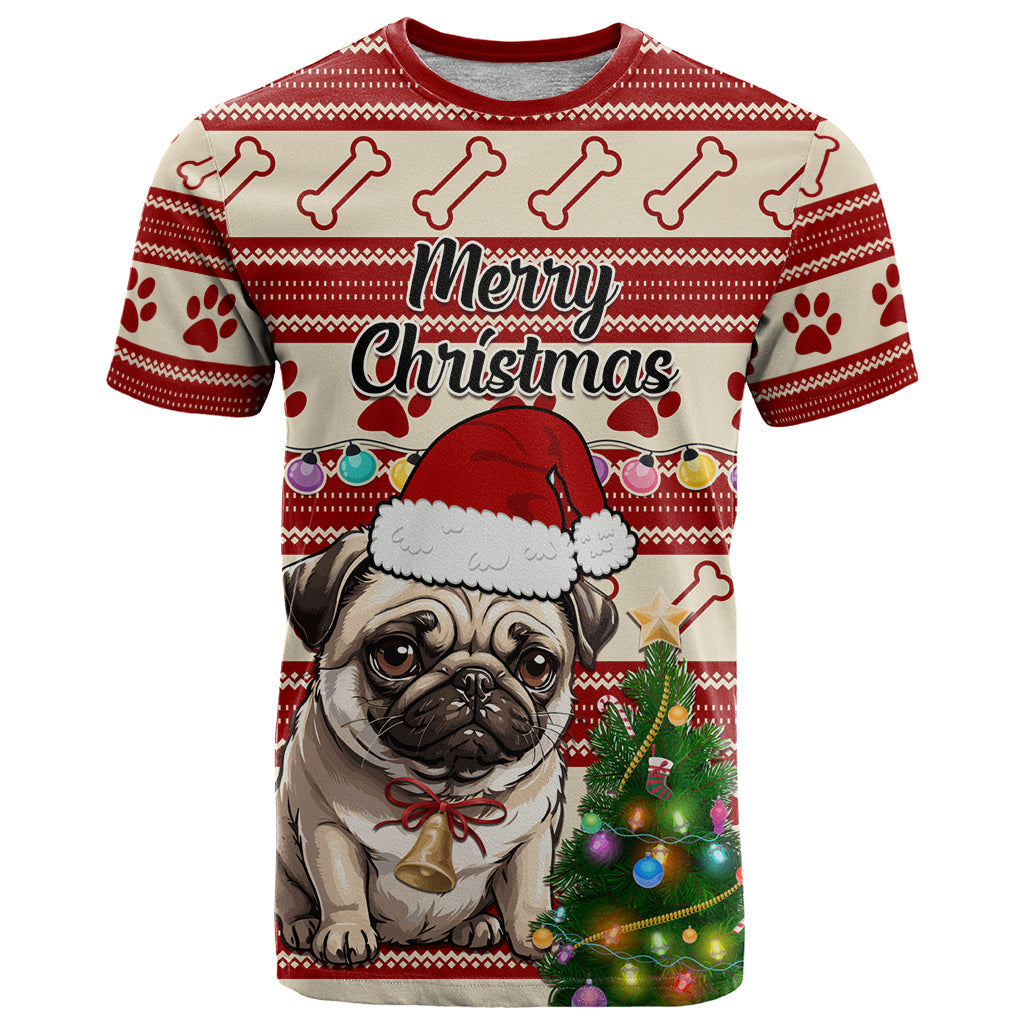 Custom Dog Christmas T-Shirt Cute Pug Dog With Xmas Tree Graphic Tee