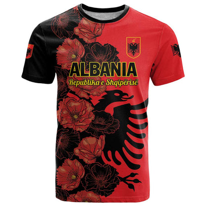 Personalised Albania Eagle T-Shirt Red Poppy Flowers Graphic Tee
